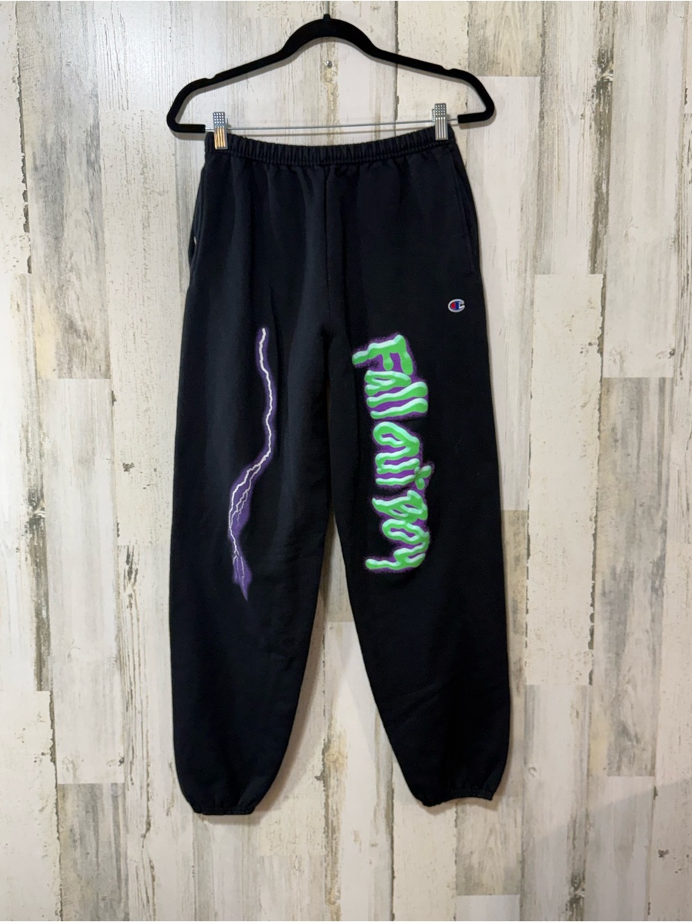 Fall Out Boy Champion Black Sweatpants Purple Lightning and Graffiti